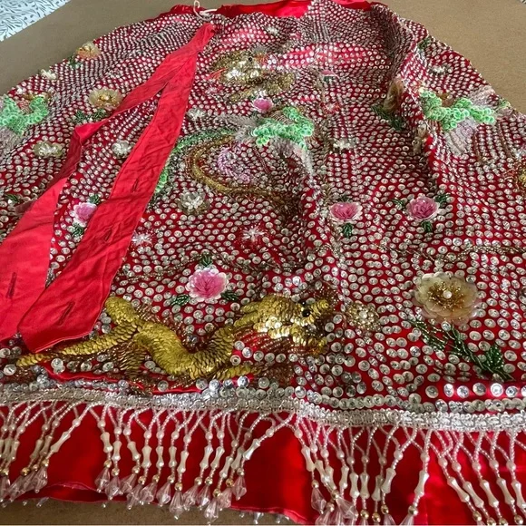 Vintage Custom Handmade Fully Beaded Sequined Traditional Chinese Wedding Dress - Picture 4 of 15